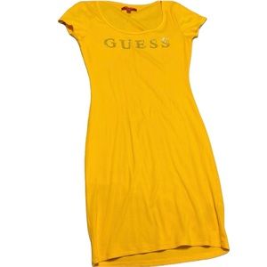 GUESS tight midi dress yellow orange and silver